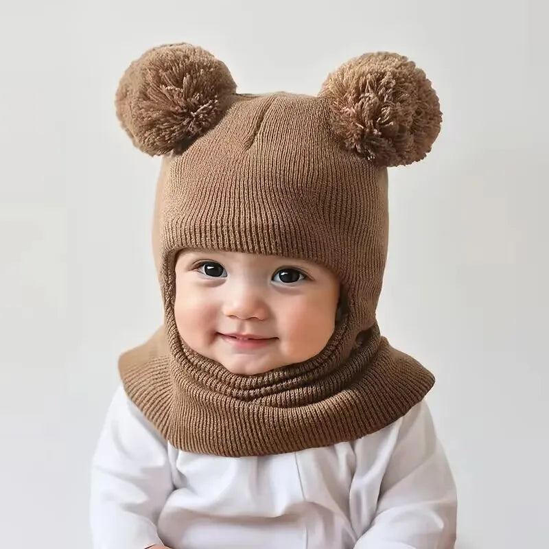 1pc/2pcs Winter children's hooded one-piece hat,equipped with ear and neck protection devices,for warmth.Double ball knitted cap