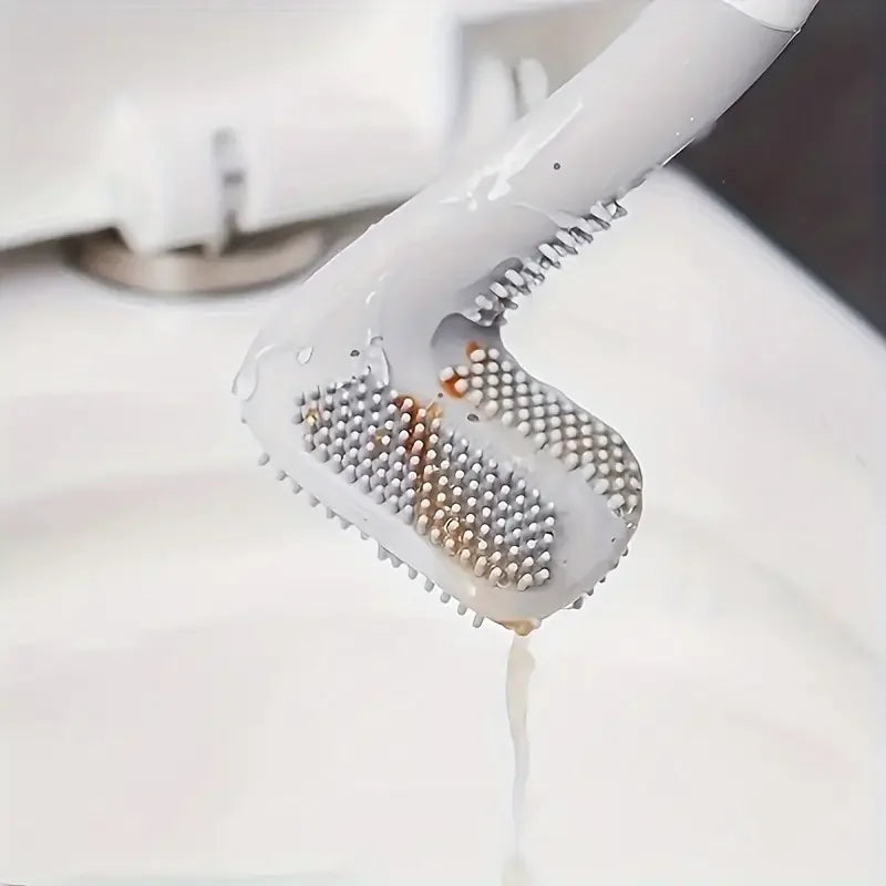 1pc Flexible Silicone Toilet Brush with Long Handle and 360 Degree Rotation - Wall Mounted Design for Bathroom Cleaning