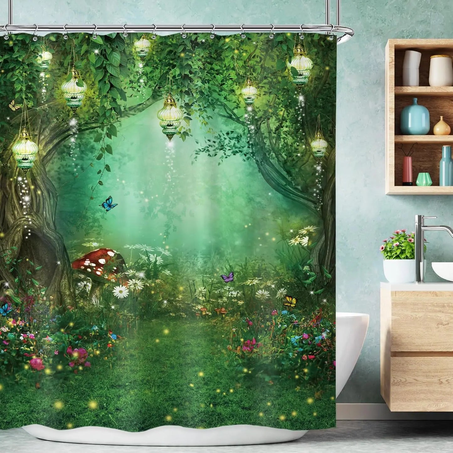 Fantasy Shower Curtain Fairy Beautiful Wonderland Woodland Tree Wildflower Floral Garden Butterfly Plant Tale Nature Bathroom