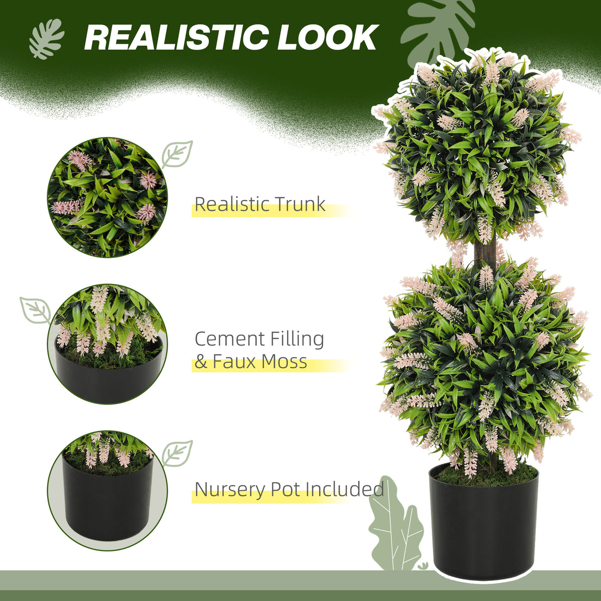 HOMCOM Set of 2 Artificial Plants, Lavender Flowers Ball Trees with Pot, for Home Indoor Outdoor Decor, 70cm