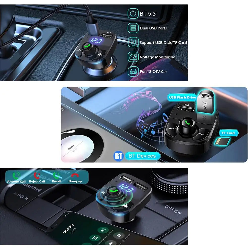 Wireless Bluetooth FM Transmitter & MP3 Player With Hands-Free Calling Radio Receiver Dual USB Charger & Music Stereo Adapter