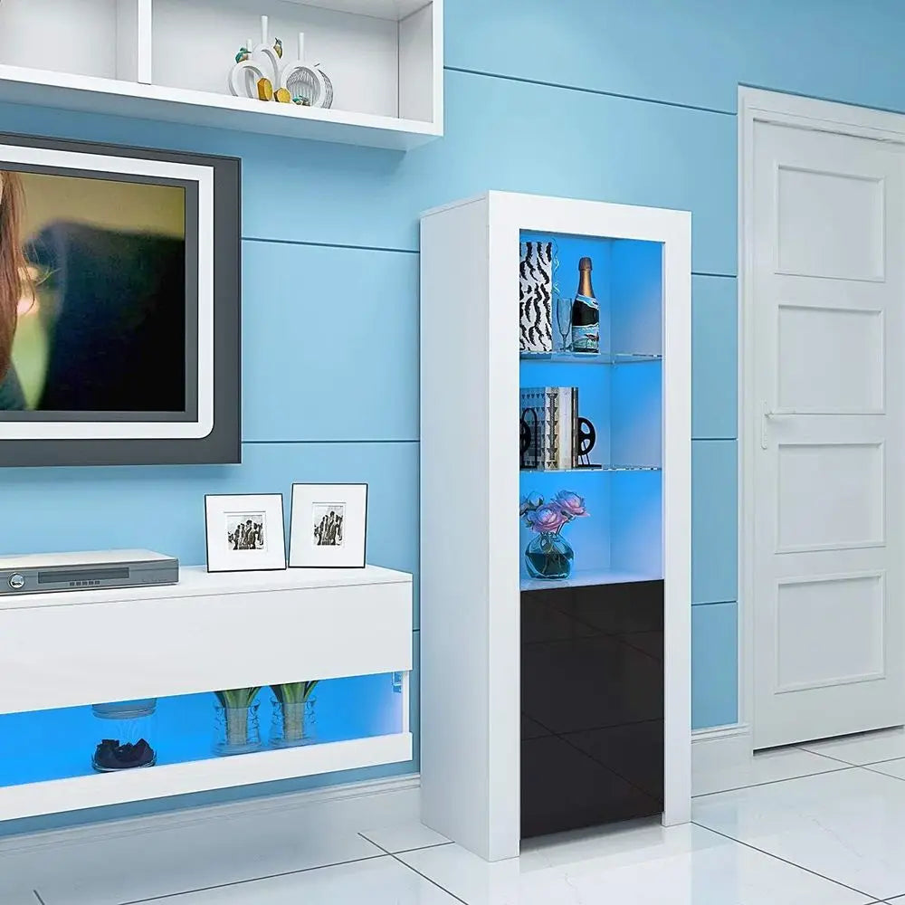 Modern Tall Display Cabinet with Glass Shelves, LED Lighting, for Living Room in Black and White