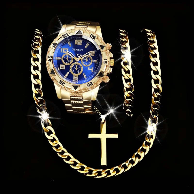 4PCS Fashion Arabic Dial Men Business Watches Bracelet Necklaces Set Luxury Mens Quartz Wristwatch Reloj Hombre（Without Box）