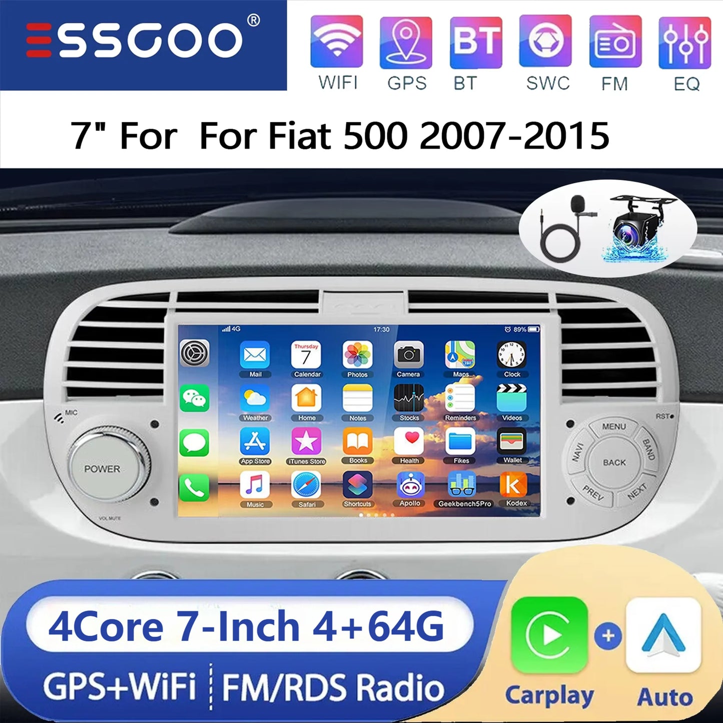 ESSGOO 7" 4+64G Android 15 For Fiat 500 2007-2015 Car Stereo Radio Wireless Carplay Android Auto GPS Navigation Bluetooth FM SWC Wifi RDS ASP IPS Touchscreen Mirror Link Multimedia Video Player