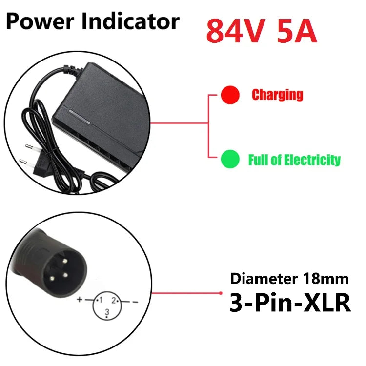 72V Charger 5A 20S Lithium-ion Battery Pack Charger 84V 5A Intelligent Fast Charging EU / US Plug With Cooling Fan