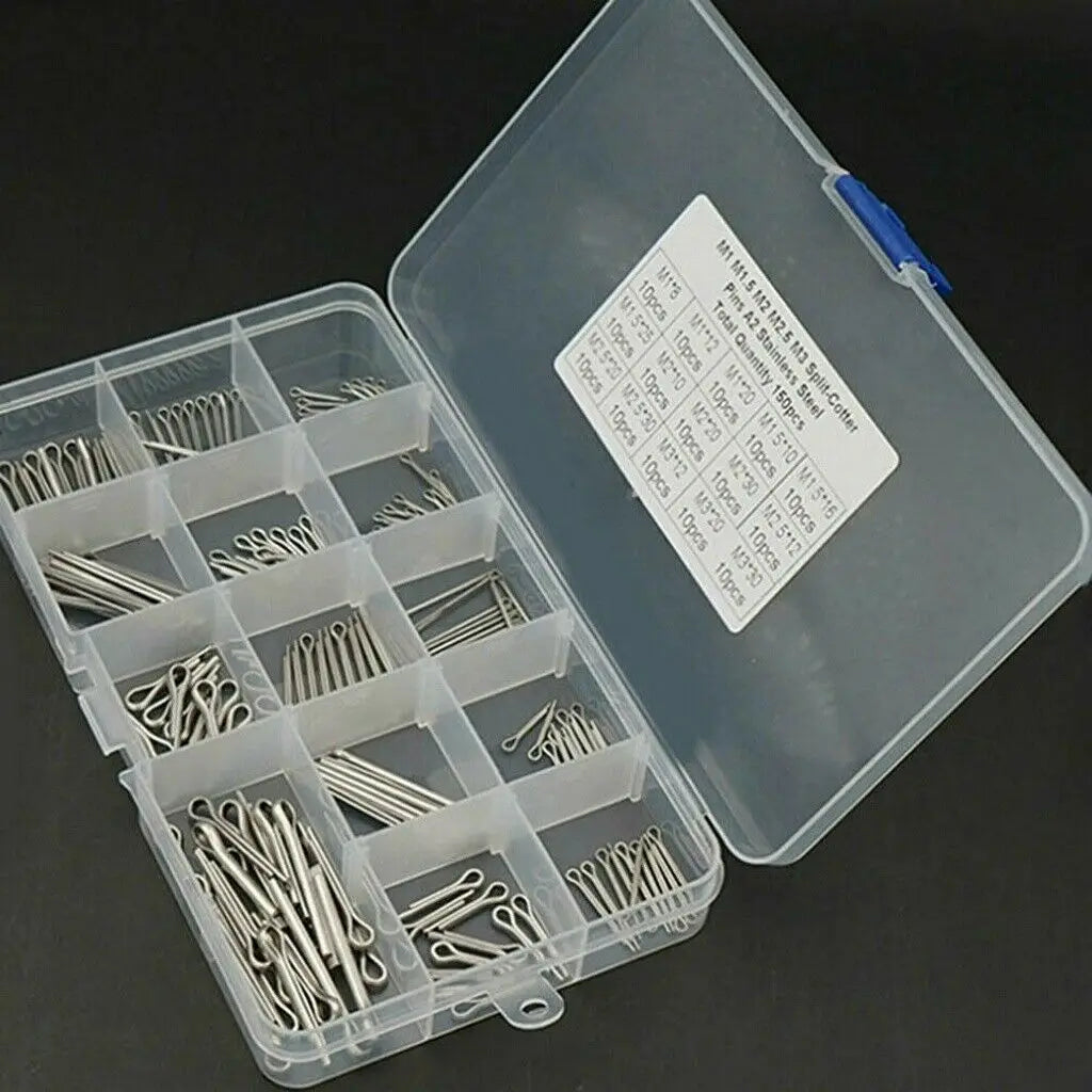 150PCS Split-Pins / Split Cotter Pins Stainless Steel A2-Marine Grade (304) +Box Steel Hard Case Link Assortment