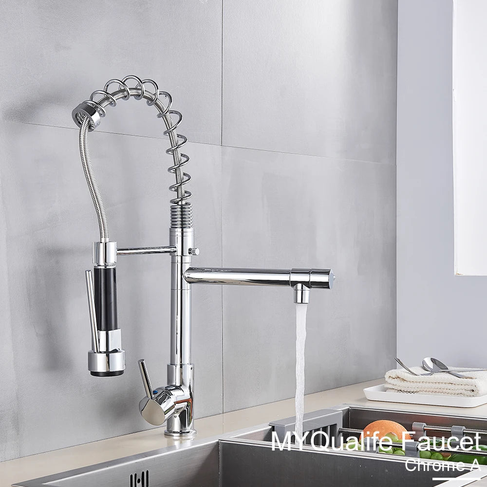 Black Pull Down Brass Kitchen Sink Faucet Hot Cold Water Mixer Crane Tap with Dual Spout 360 Rotation High Faucet Deck Mounted