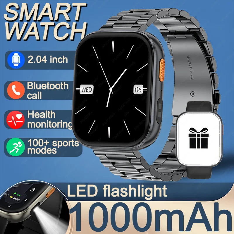 Outdoor New 1000mAh SmartWatch 2.04"HD Screen Smartwatch LED Flashlight 100+sports mode BT Call Waterproof SmartWatches Men Wome