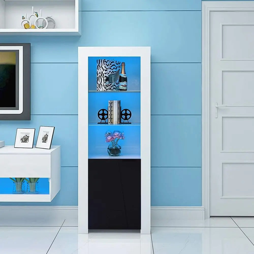 Modern Tall Display Cabinet with Glass Shelves, LED Lighting, for Living Room in Black and White