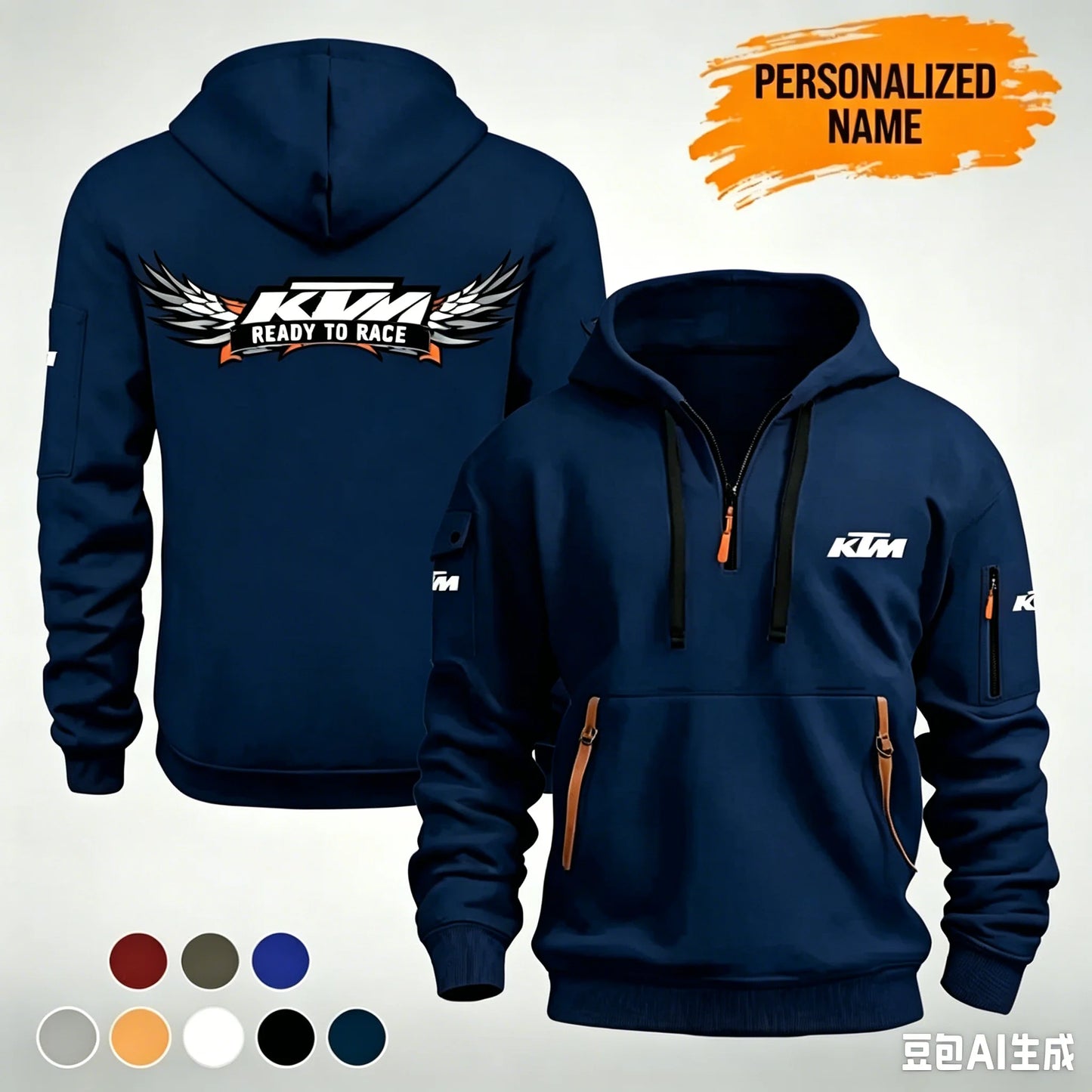 The KTM “Ready to Race” printed half-zip hoodie features workwear pockets and arm pockets, perfect for motorcycle enthusiasts.