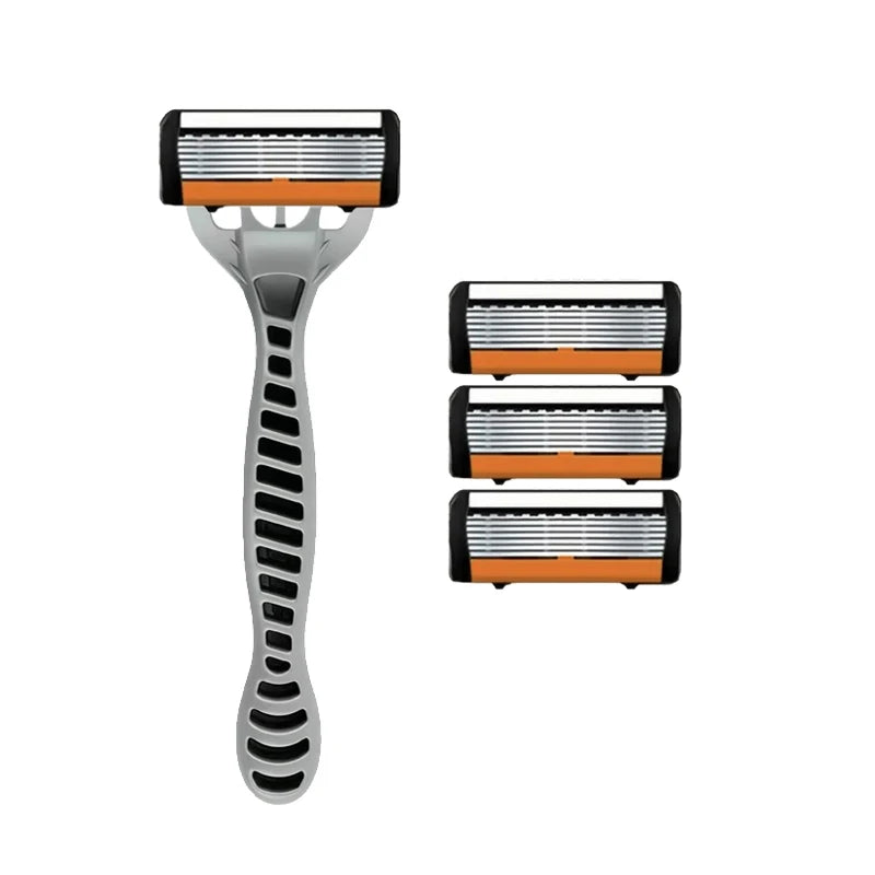 Men's manual razor safety razor 6-layer stainless steel hair removal knife, replaceable razor head, razor tools.