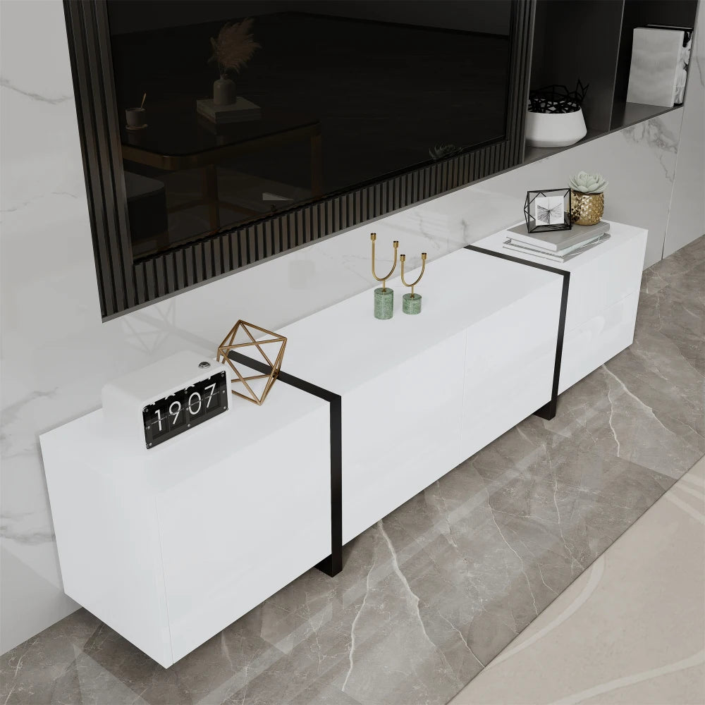 PINGGO TV cabinet, white high-gloss cabinet and black contrasting table legs, with simple cabinet doors and drawers.