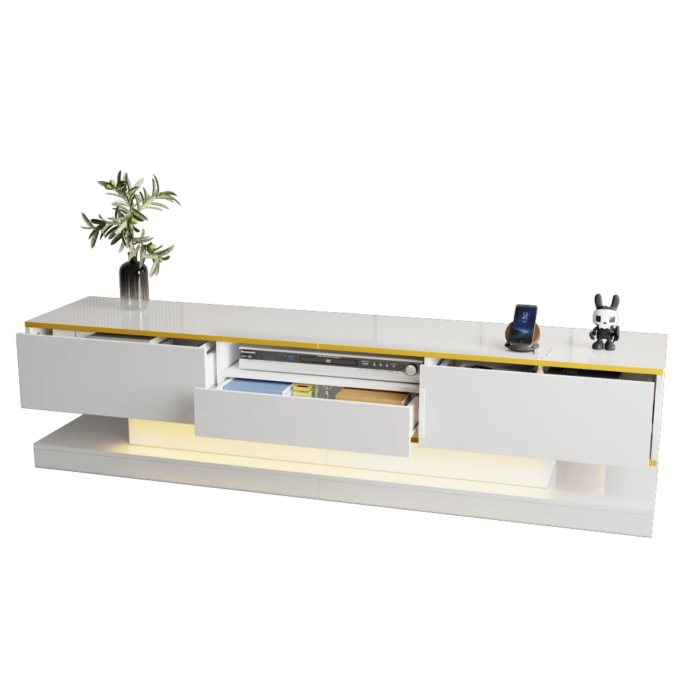 PINGGO Modern TV Cabinet with Three Drawers and an Open Compartment - High Gloss with Color-Changing LED Lights, 180*38*45cm