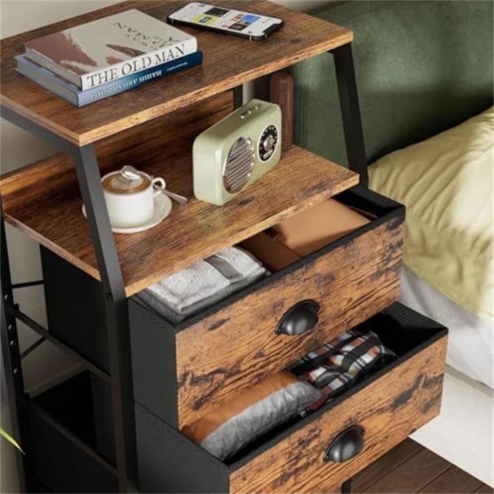 Bedside Table Side End Table with 4 Drawers & Open Shelf Nightstand Chest of Drawers Storage Unit for Living Room, Bedroom