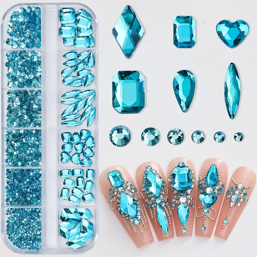 2400pcs+ Shiny Clear Crystal Gems Nail Rhinestones 1.5-4mm Mixed Round Glass Stone Flatback Nail Charms 12grids Nail Diamond DIY