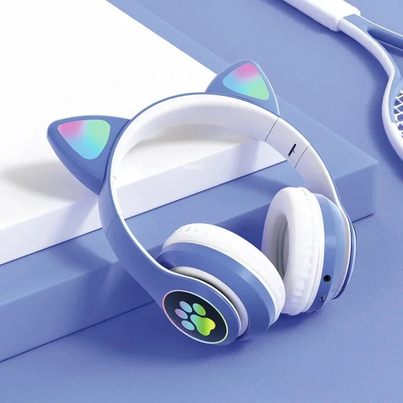 Bluetooth 5.0 Stereo With Mic Flash Lamp Cute Cat Ears Headphone Support TF Card Wireless Kids Girl Earphone Birthday Gift