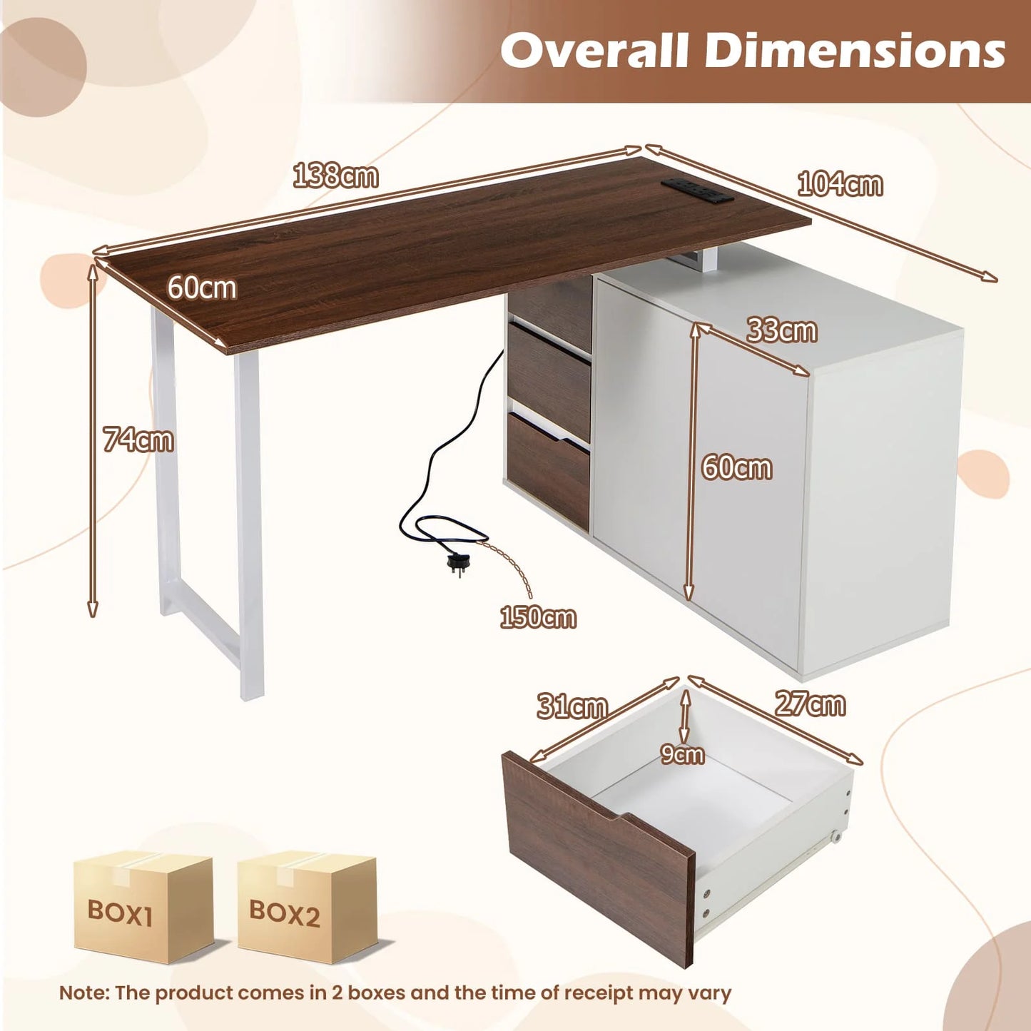 GOFLAME L-Shaped Desk 138 cm Reversible Corner Computer Desk-Brown