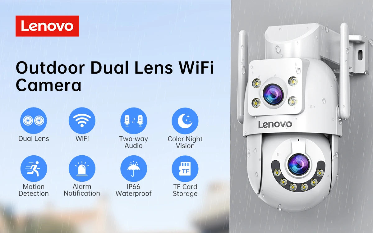 Lenovo 4MP HD Wifi PTZ Camera Outdoor Dual Lens Dual Screen Auto Tracking Security IP Camera CCTV Audio Video Surveillance