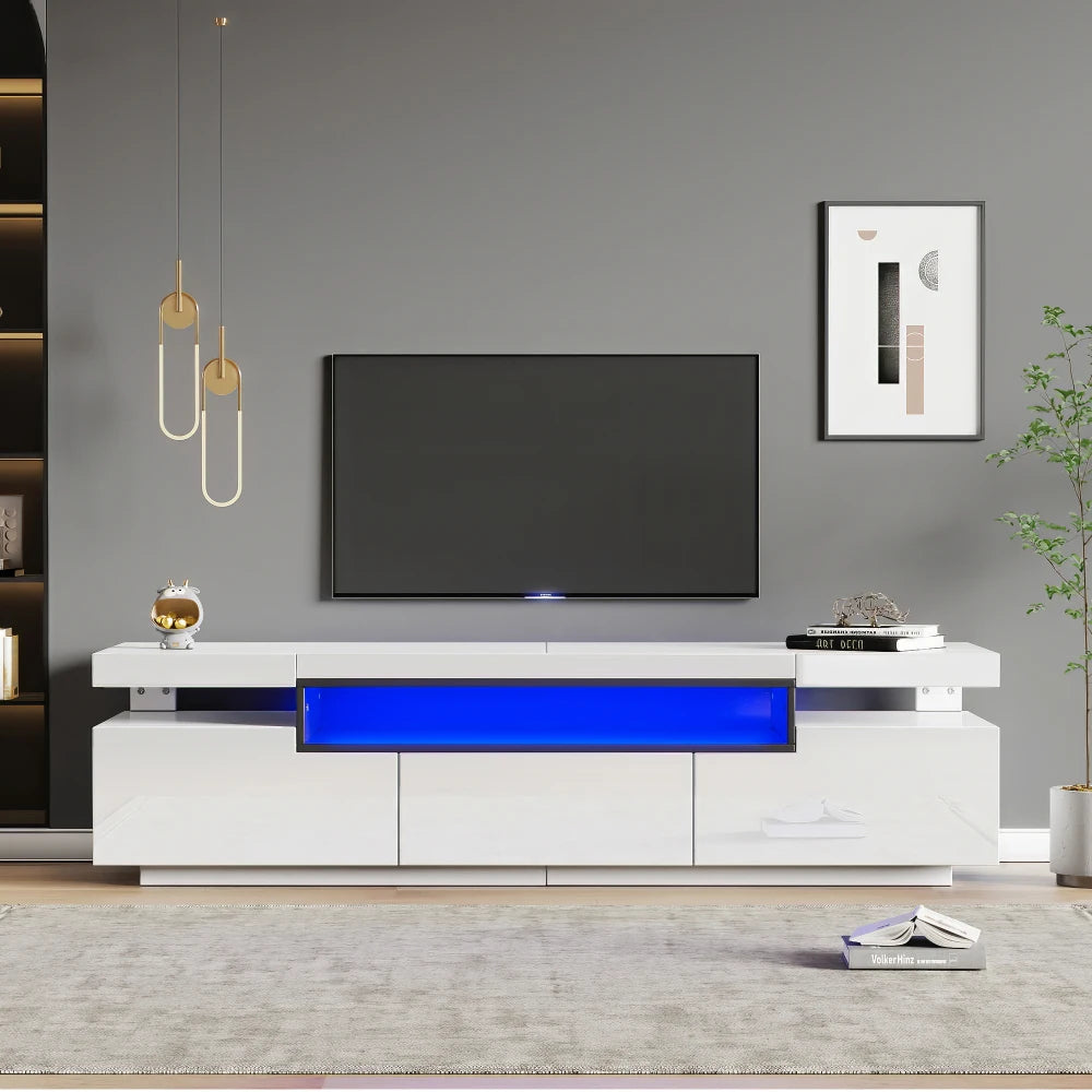 PINGGO TV Stand Cabinet for 70-inch TV High Gloss TV Stand Unit with LED Lights 160CM, 3 Drawers, 3 Open Storage Space