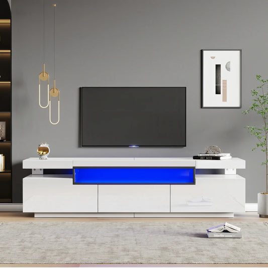 PINGGO TV Stand Cabinet for 70-inch TV High Gloss TV Stand Unit with LED Lights 160CM, 3 Drawers, 3 Open Storage Space