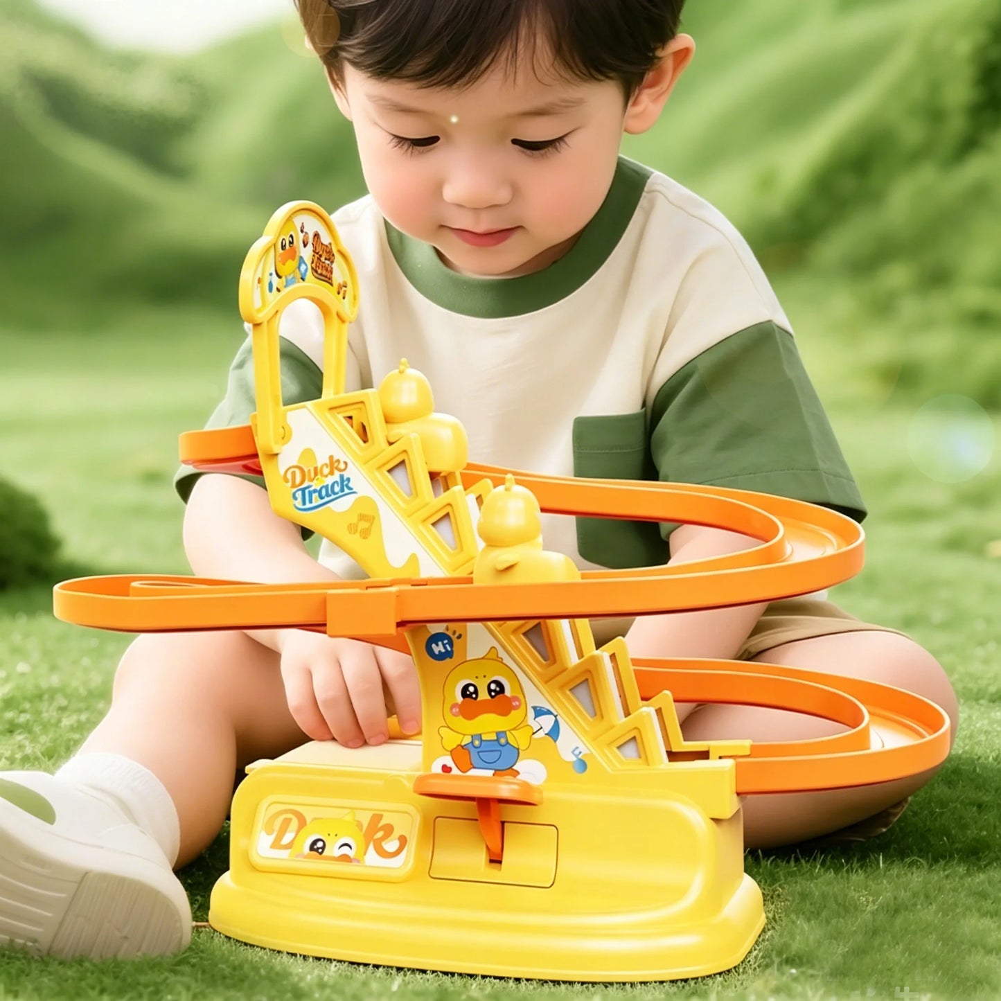Manual Press Duck Track Slide Toy,Kids Hand Operated Stair Climbing Race Car Game, Educational Interactive Toy for Boys Girls