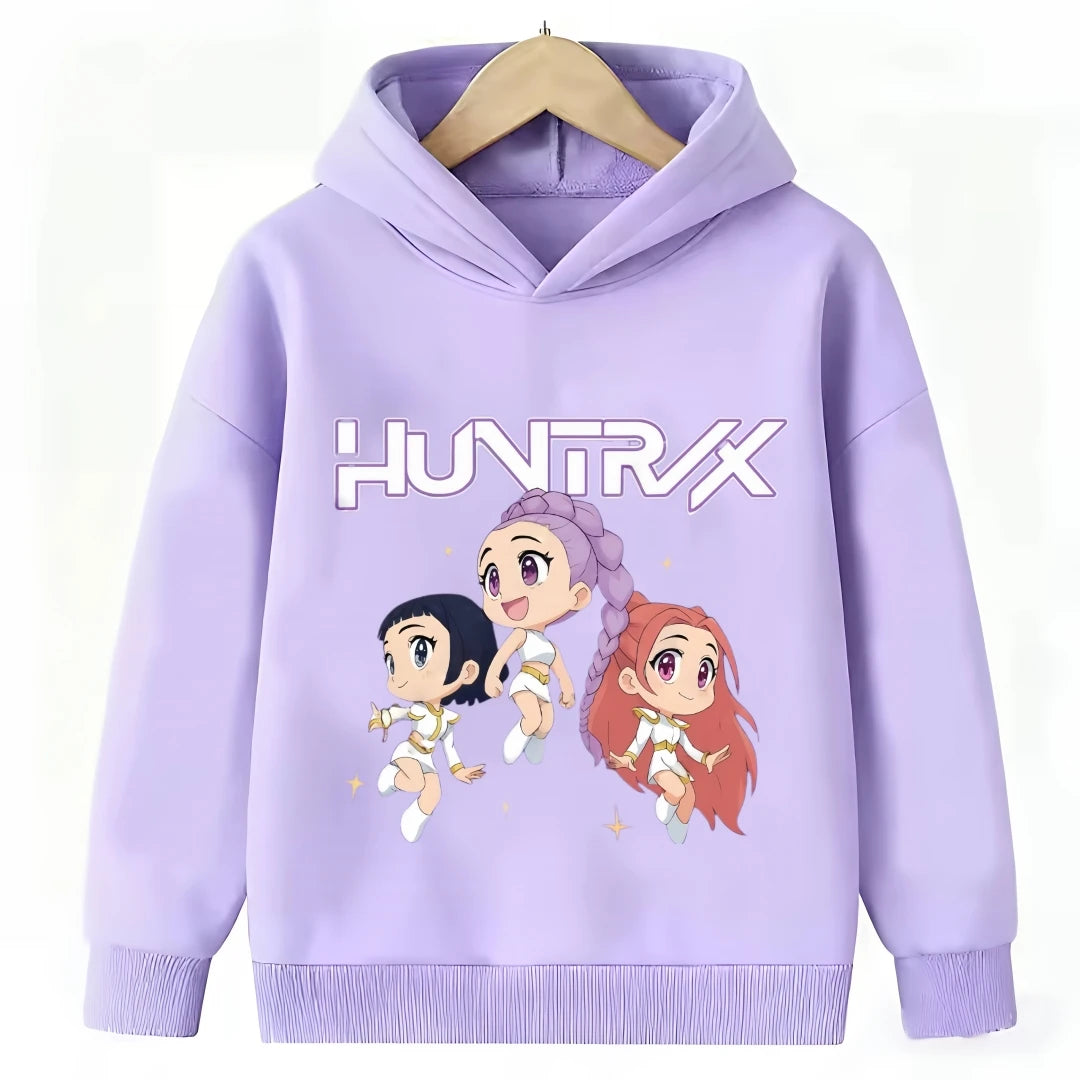 2026 New Kpop Demon Hunter Cartoon Hoodie Kids Boys Girls Purple Warm Casual Loose Sweatshirt Children Fashion Streetwear Tops