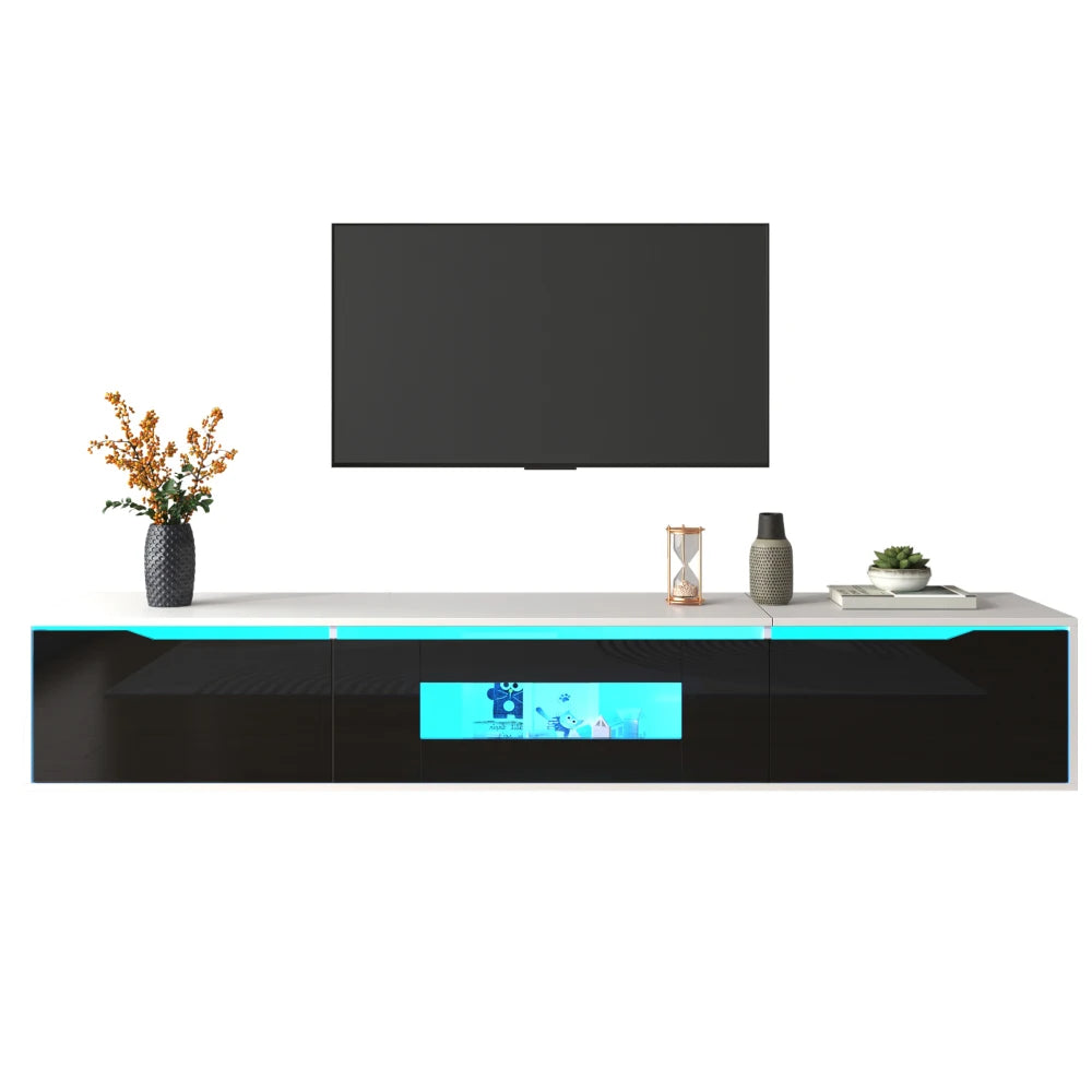 PINGGO TV cabinet, high-gloss TV cabinet, matching colours in white and high-gloss black, with colour-changing LED lights