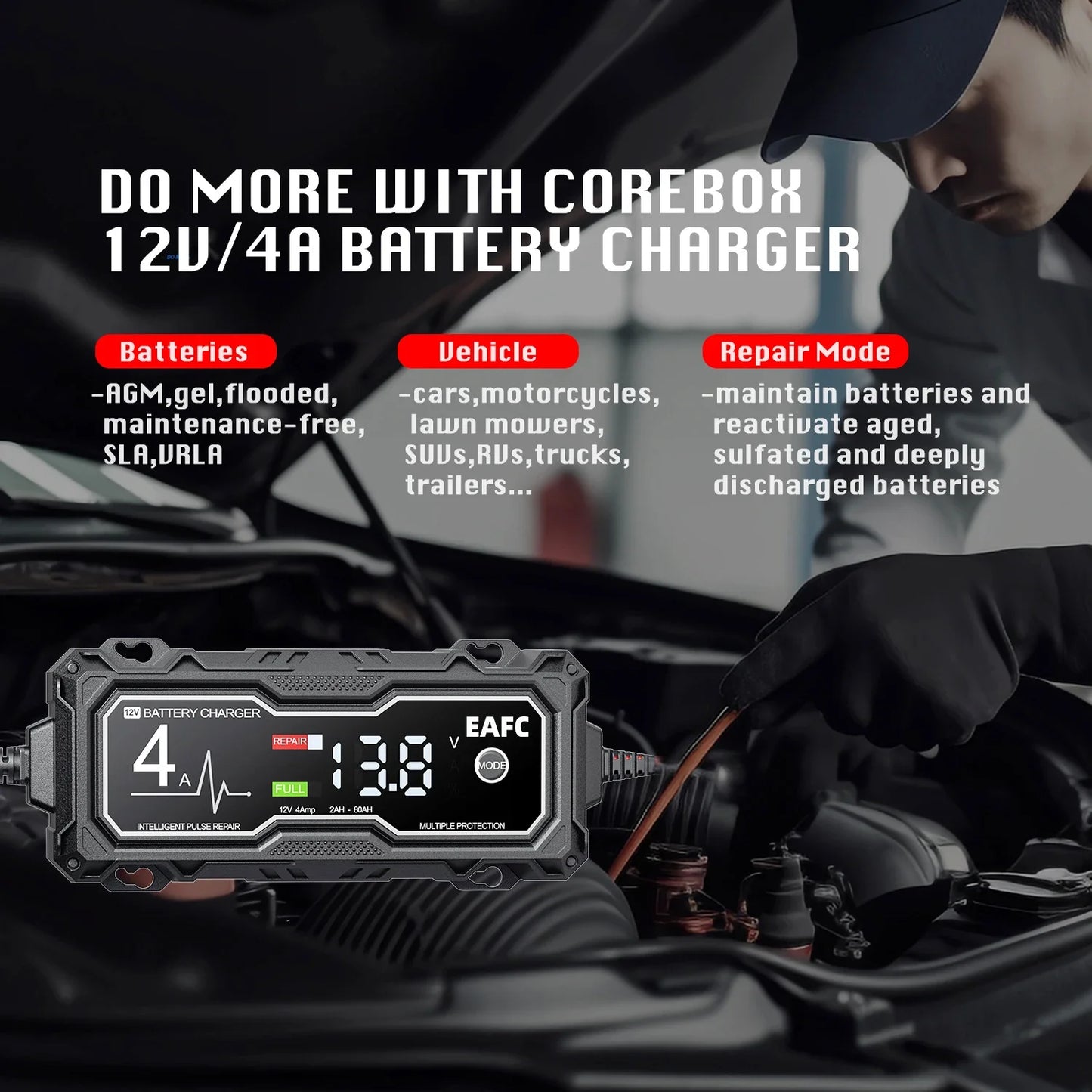 12V 4A Smart Car Battery Charger for Car Automatic Float Charger Motorcycle Lawn Mower Tractor Lead-acid AGM GEL Toy Battery