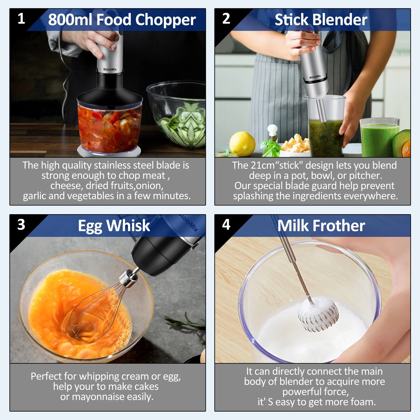 BioloMix 1200W 5-in-1 Immersion Hand Stick Blender Mixer Vegetable Meat Grinder 800ml Chopper Whisk 600ml Smoothie Cup