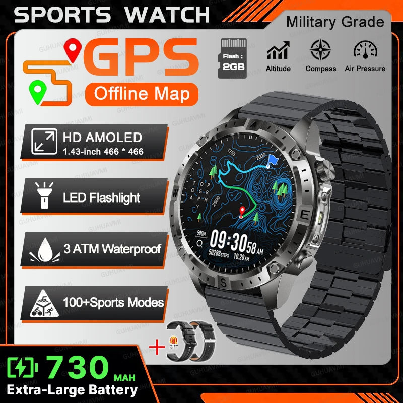 New TANK Military GPS Offline Map Smart Watch 730mAh 3 ATM Waterproof Sports Compass Heart Rate 2GB HD Bluetooth Call SmartWatch