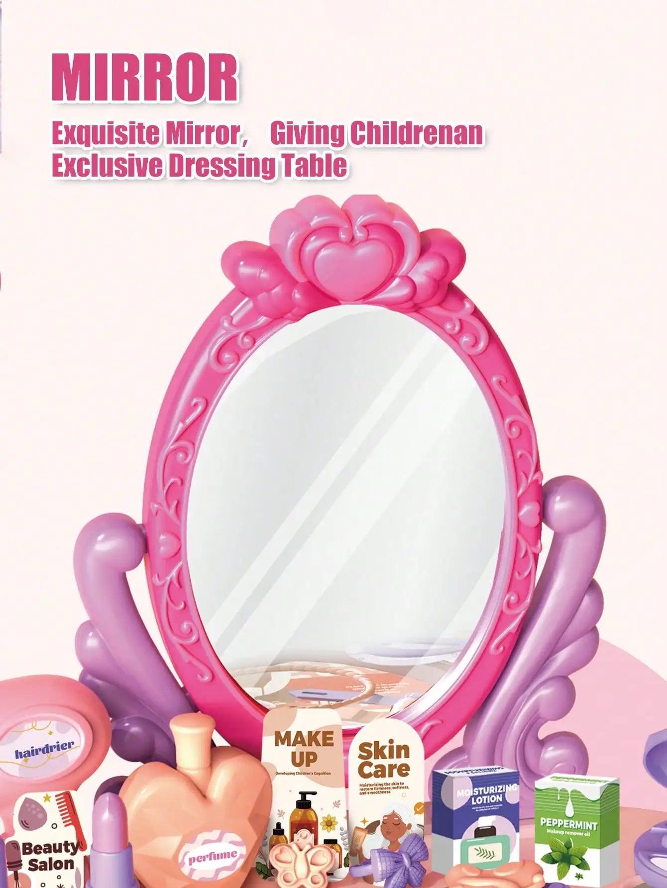 Kids Princess Vanity Dressing Table Toy Set with Mirror&30Pcs Makeup Accessories, Pretend Hair Dryer Cosmetic Kit,Gift for Girls