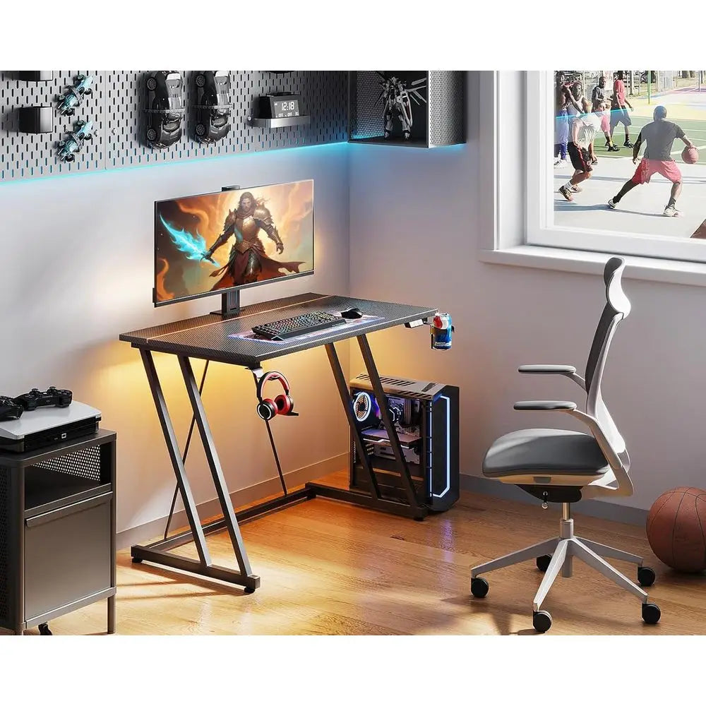 Carbon Fiber Black 80cm LED Gaming Desk with Cup Holder and Peg Hook