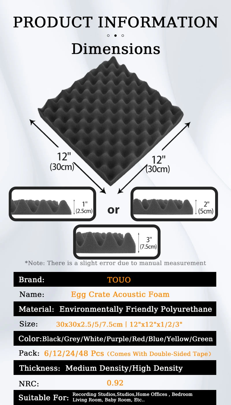 TOUO Acoustic Foam 6/12/24/48Pc Acoustic Sponge Sound Insulation Sound-absorbing Soundproof Foam Panels Ceiling Acoustic Esponja