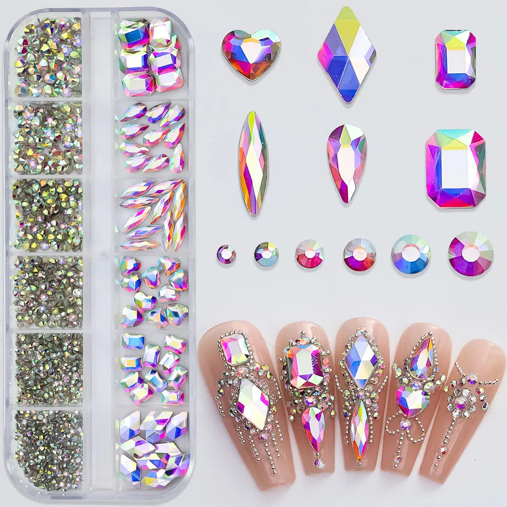 2400pcs+ Shiny Clear Crystal Gems Nail Rhinestones 1.5-4mm Mixed Round Glass Stone Flatback Nail Charms 12grids Nail Diamond DIY