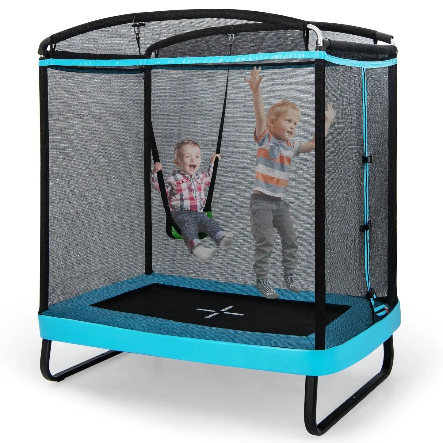 GOFLAME 2-in-1 Kids Trampoline 7FT Toddler Trampoline Swing Enclosure Safe Net-Blue