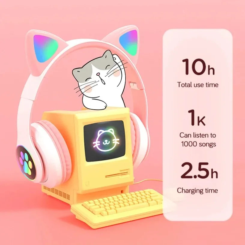 Bluetooth 5.0 Stereo With Mic Flash Lamp Cute Cat Ears Headphone Support TF Card Wireless Kids Girl Earphone Birthday Gift