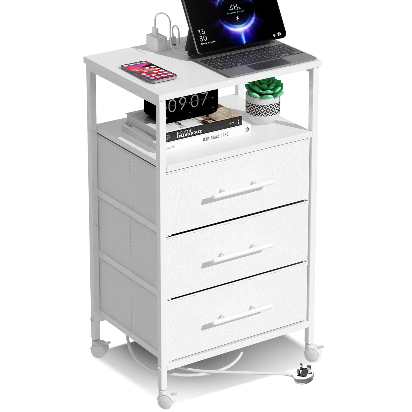 Bedside Table With Charging Station Nightstand With 2 Outlets And 2 USB Ports With 4 Castors