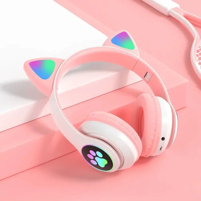 Bluetooth 5.0 Stereo With Mic Flash Lamp Cute Cat Ears Headphone Support TF Card Wireless Kids Girl Earphone Birthday Gift