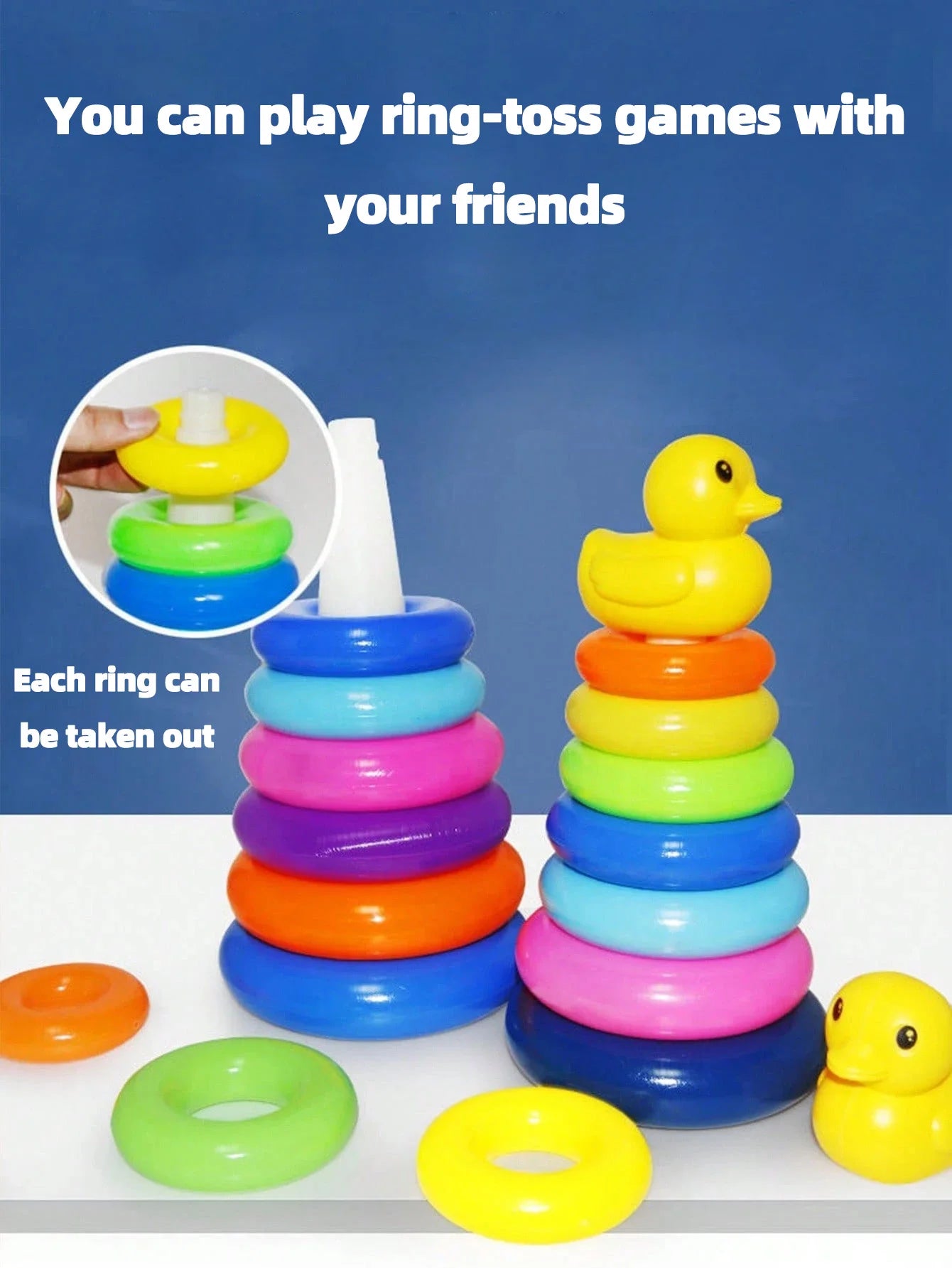 Yellow duck Rainbow Tower Stacked Circle toy plastic rainbow Circle toy  Circle toss toy Interactive game Birthday gifts