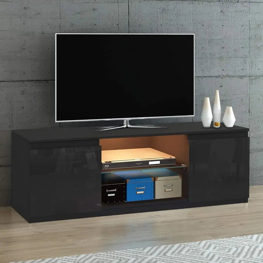 LED TV Unit Cabinet Stand for 55 Inch TV, Modern High Gloss TV Cabinet with RGB LED Lights, 2 Door Storage Sideboard Entertainm