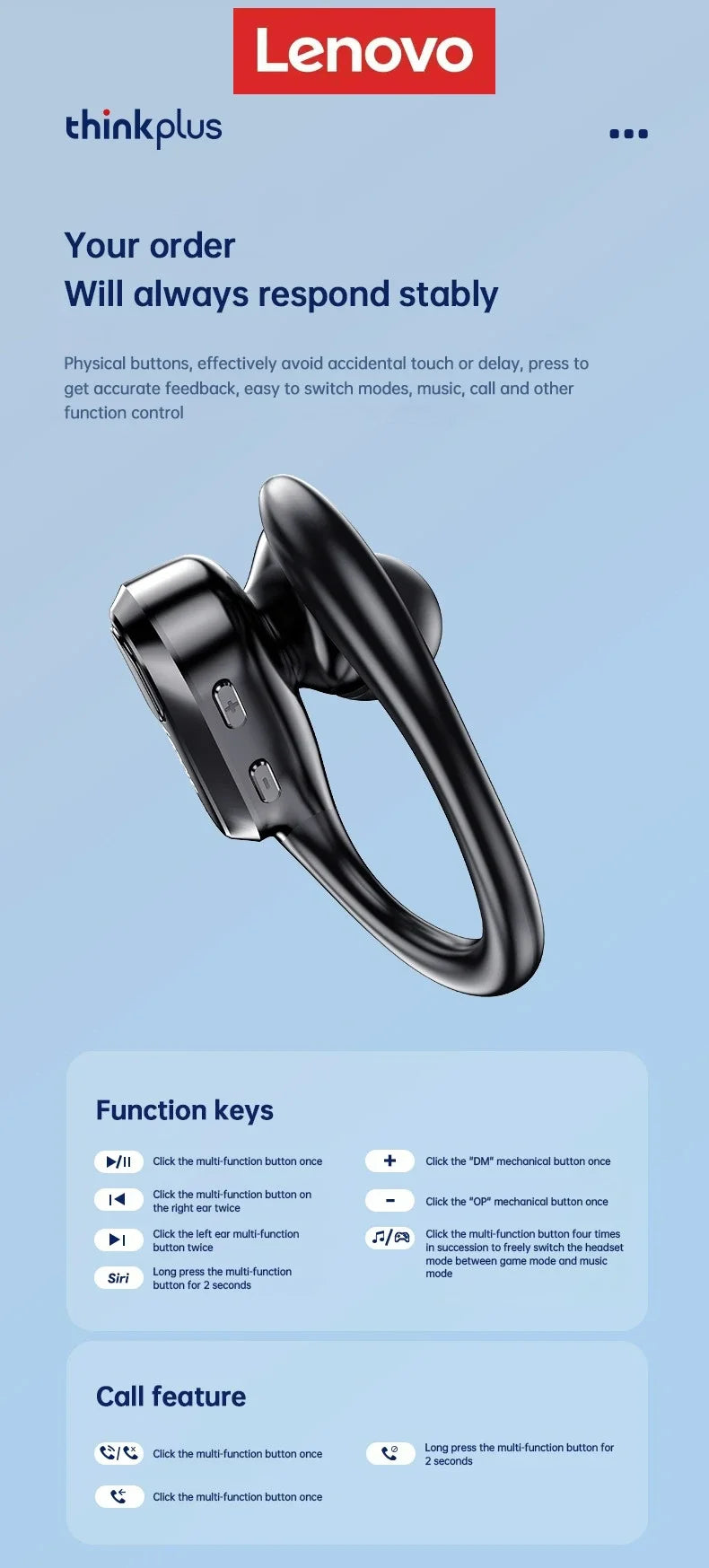 Lenovo XT80 Wireless Headphones Bluetooth 5.4 Earphones True with Mic Button Control Noise Reduction Earhooks Waterproof Headset