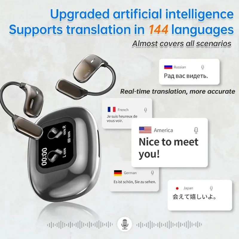 AI Language Translation Earbuds Real Time LCD Touch Screen Open Ear Wireless Headphone with 144 Language for Business