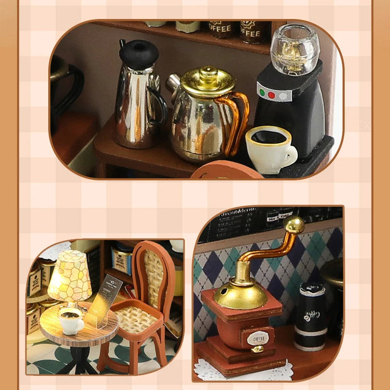 3D Puzzles Wooden Coffee Shop Mini Dollhouse Kit DIY Handmade Assembly Building Dollhouses Toys For Kids Birthday Gifts