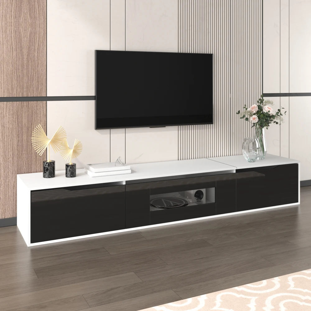 PINGGO TV cabinet, high-gloss TV cabinet, matching colours in white and high-gloss black, with colour-changing LED lights