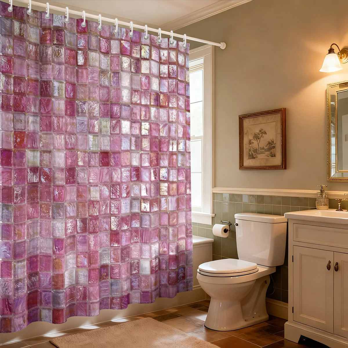 1pc pink ice block imitation simple printing waterproof partition privacy hanging curtain with 12 hooks, multiple sizes