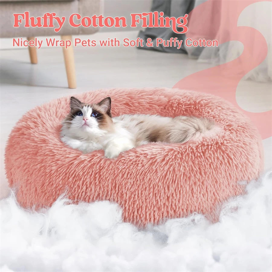 Soft Long Plush Cat House Beds dog Calm Warm Faux Fur Bed Donut Round Comfortable Sleeping Bed Washable for Small Medium Dog Cat