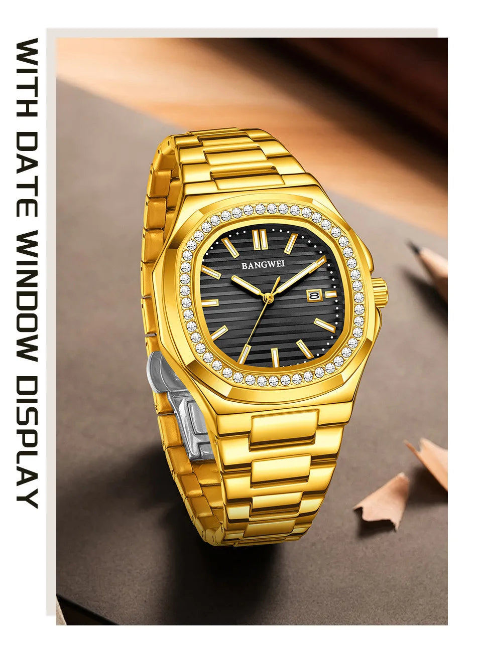 BANGWEI New Luxury Men's Business Watches Quartz Wristwatch Man Outdoor Sports Square Fashion Military Waterproof Watch For Men