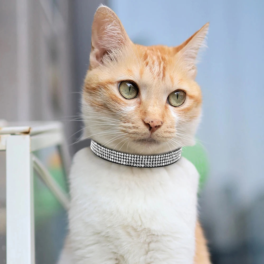 Soft Pink Suede Leather Cat Collar - Cute Bling Rhinestone Design, with Bell & Safety Breakaway Buckle, Adjustable XS/S Sizes