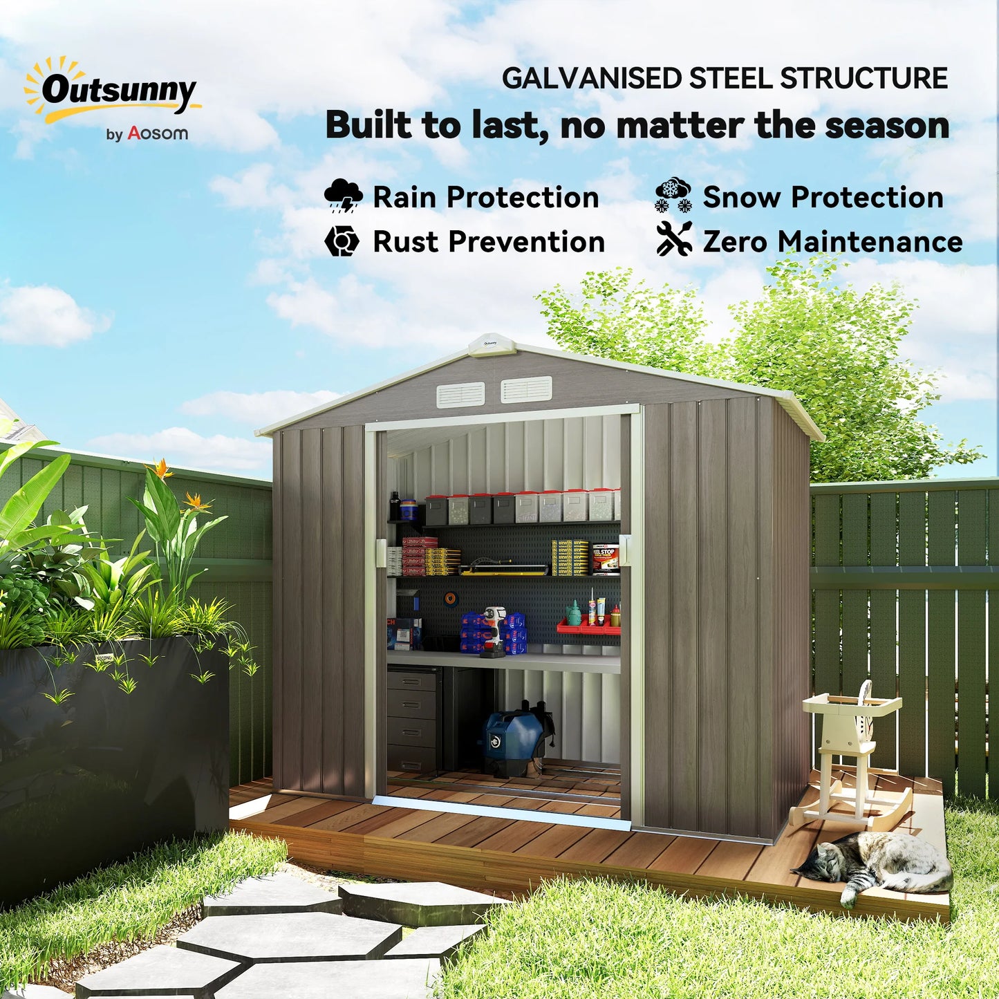 Outsunny 7 X 4ft Garden Shed Storage with Locking Door and Foundation Kit, Light Brown