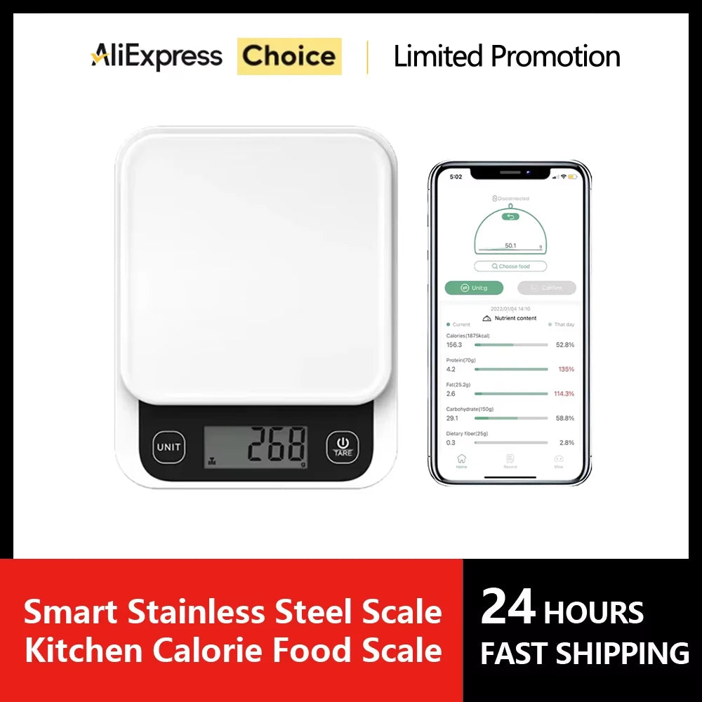 Smart Kitchen Scale Stainless Steel Food Calorie Protein Fat Carbs Nutritional Calculator 11LB/5kg Weight for Healthy Cooking